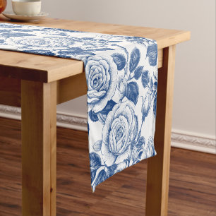 Vintage Blue Chinoiserie Floral Short Table Runner