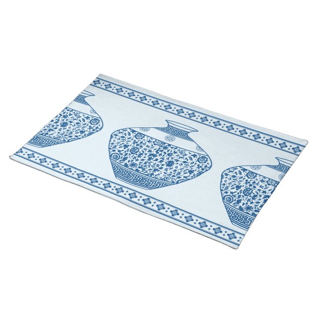 Vintage Blue Chinoiserie Ginger Jars Vases  Cloth Placemat (On Table)
