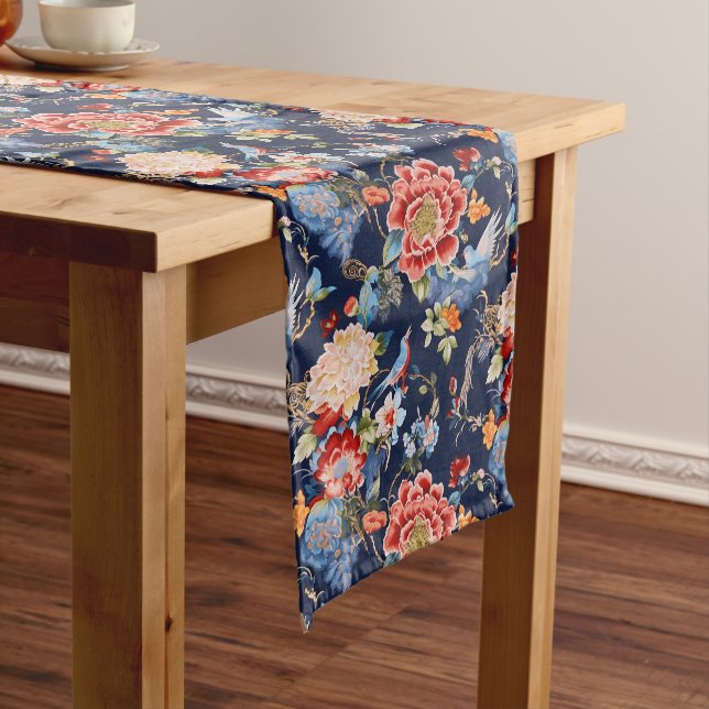 Vintage blue chinoiserie medium table runner (In Situ)