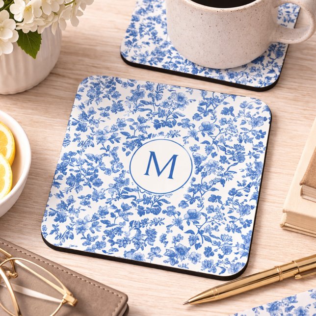 Vintage Blue Chinoiserie Monogram  Beverage Coaster (Creator Uploaded)