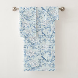 Vintage Blue Chinoiserie Toile De Jouy Floral Bath Towel Set