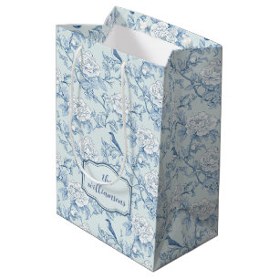 Vintage Blue Chinoiserie Toile De Jouy Floral Medium Gift Bag