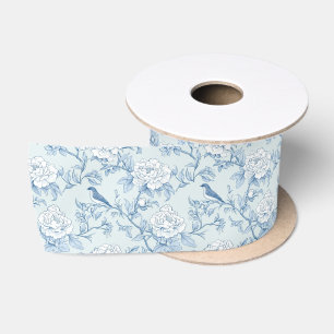 Vintage Blue Chinoiserie Toile De Jouy Floral Satin Ribbon