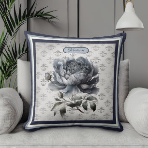 Vintage Blue Chinoiserie Toile Monogram Throw Pillow