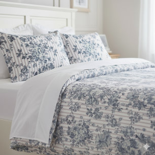 Vintage Blue Chintz And Pinstriped Pattern Duvet Cover