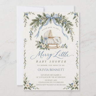 Vintage Blue Christmas Bassinet Baby Shower Invitation