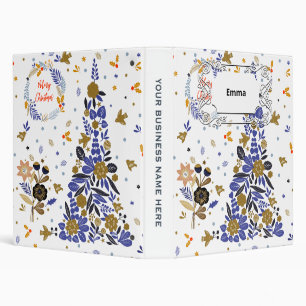 Vintage Blue Christmas Bird Flowers Tree 3 Ring Binder