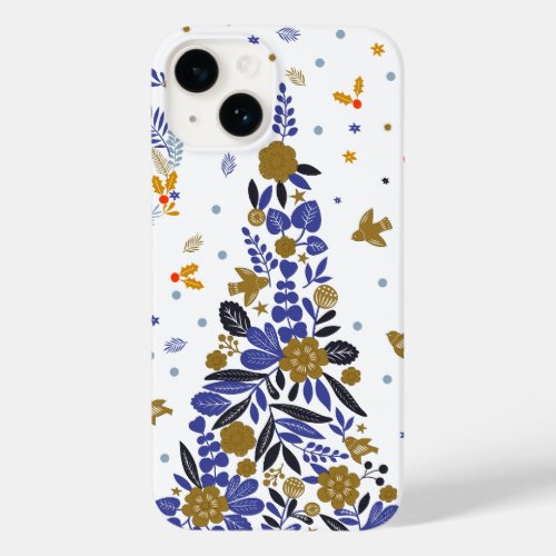 Vintage Blue Christmas Bird Flowers Tree Case_Mate iPhone 14 Case