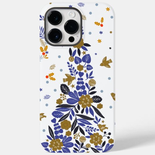 Vintage Blue Christmas Bird Flowers Tree Case_Mate iPhone 14 Pro Max Case