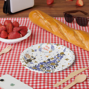 Vintage Blue Christmas Bird Flowers Tree Paper Plates