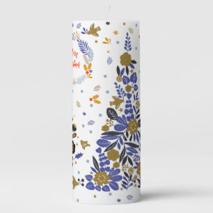 Vintage Blue Christmas Bird Flowers Tree Pillar Candle