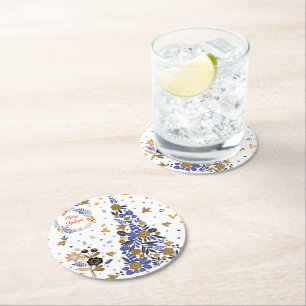 Vintage Blue Christmas Bird Flowers Tree Round Paper Coaster