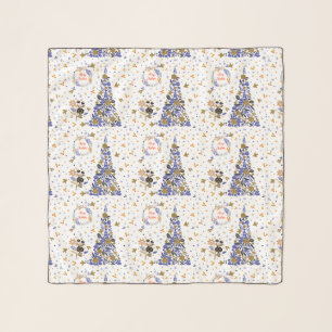 Vintage Blue Christmas Bird Flowers Tree Scarf