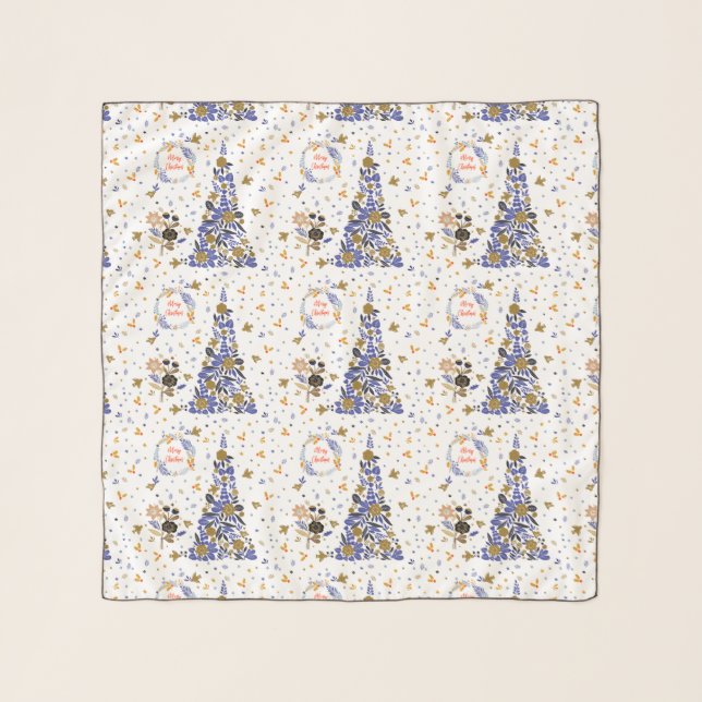 Vintage Blue Christmas Bird Flowers Tree Scarf (Front)