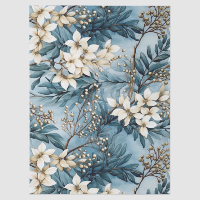 Vintage Blue Christmas Florals Decoupage  Tissue Paper (Front)