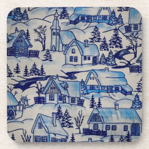 Vintage Blue Christmas Holiday Village Beverage Coaster