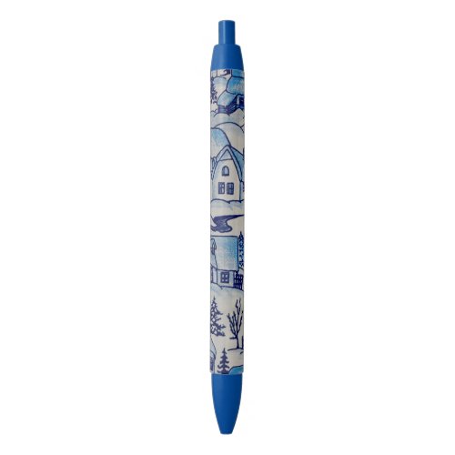 Vintage Blue Christmas Holiday Village Black Ink Pen