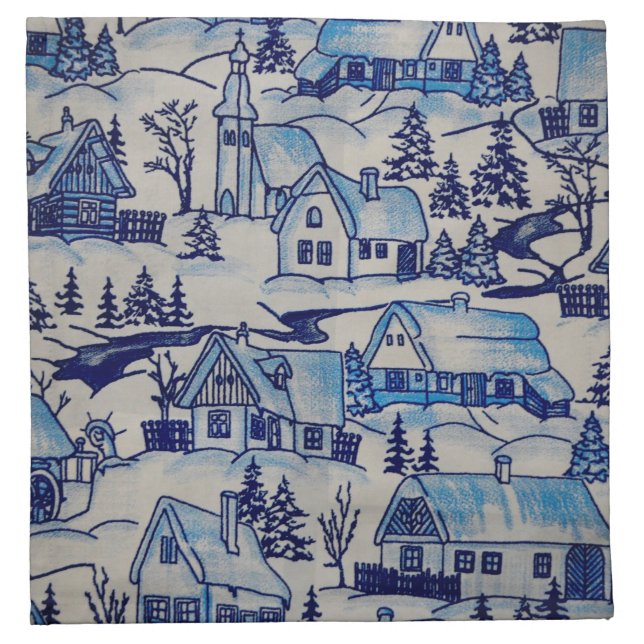 Vintage Blue Christmas Holiday Village Cloth Napkin (Front)