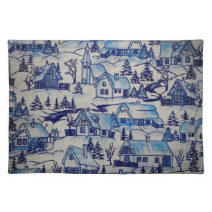 Vintage Blue Christmas Holiday Village Cloth Placemat