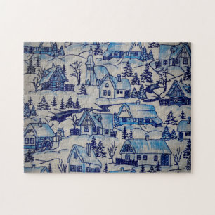 Vintage Blue Christmas Holiday Village Jigsaw Puzzle