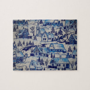 Vintage Blue Christmas Holiday Village Jigsaw Puzzle
