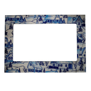 Vintage Blue Christmas Holiday Village Magnetic Frame