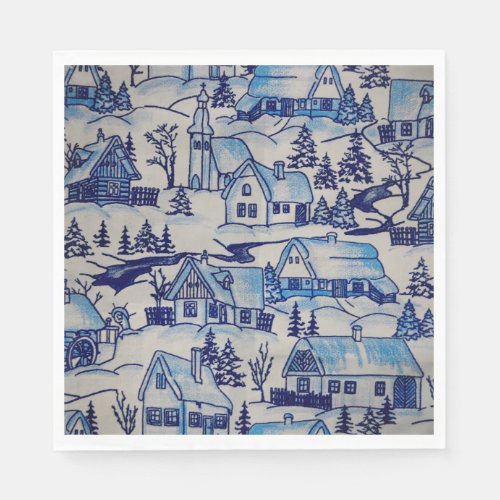 Vintage Blue Christmas Holiday Village Paper Napkins