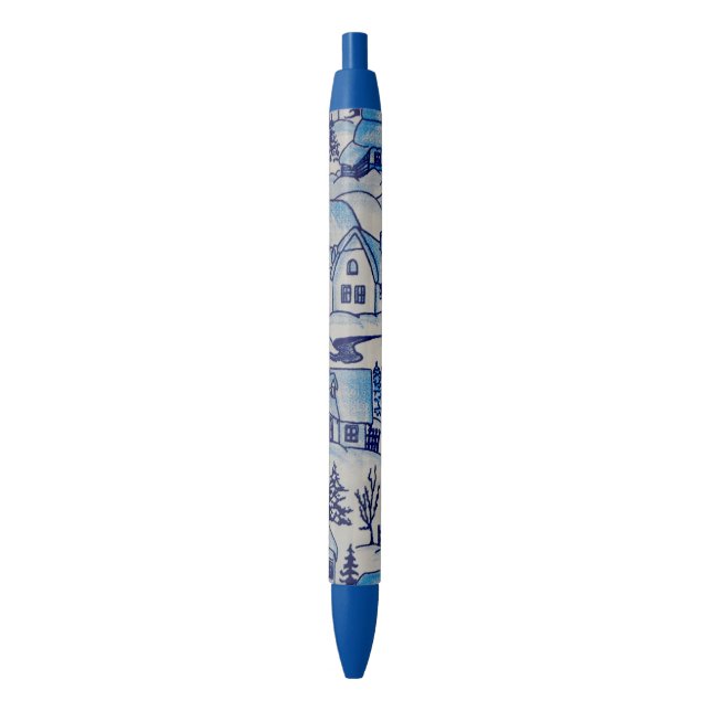 Vintage Blue Christmas Holiday Village Pen (Front Vertical)