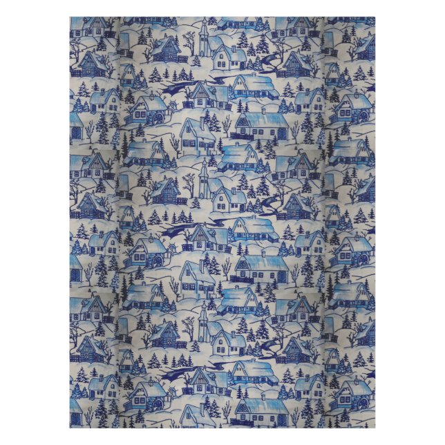 Vintage Blue Christmas Holiday Village Tablecloth (Front)