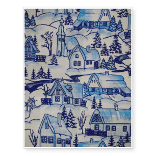 Vintage Blue Christmas Holiday Village Temporary Tattoos