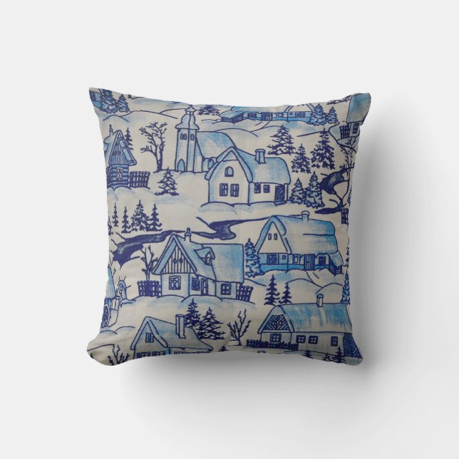 Vintage Blue Christmas Holiday Village Throw Pillow (Front)