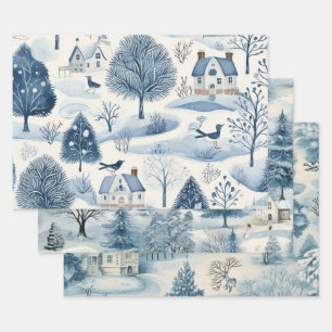 Vintage Blue Christmas Holiday Winter Snow Wrapping Paper Sheets
