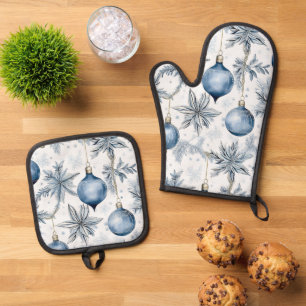 Vintage Blue Christmas Tree Ornaments Pattern Oven Mitt & Pot Holder Set