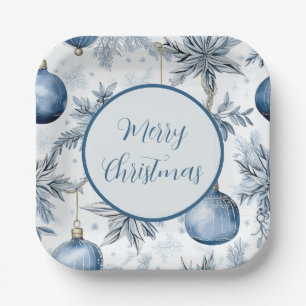Vintage Blue Christmas Tree Ornaments Pattern Paper Plates
