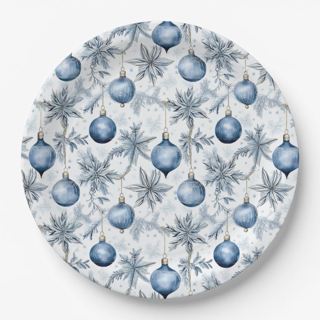 Vintage Blue Christmas Tree Ornaments Pattern Paper Plates (Front)