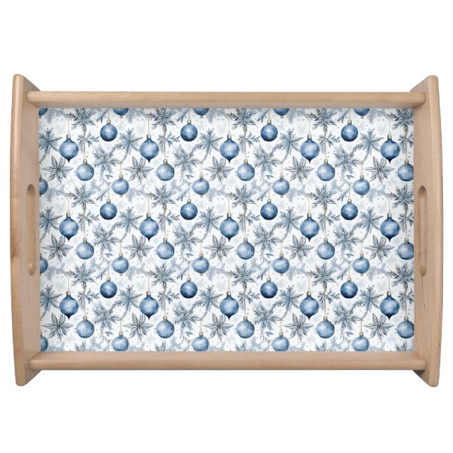 Vintage Blue Christmas Tree Ornaments Pattern Serving Tray (Front)