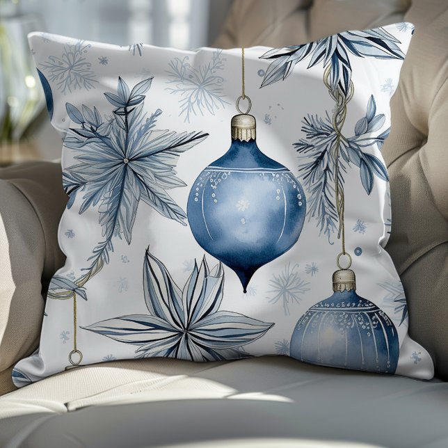 Vintage Blue Christmas Tree Ornaments Pattern Throw Pillow (Creator Uploaded)