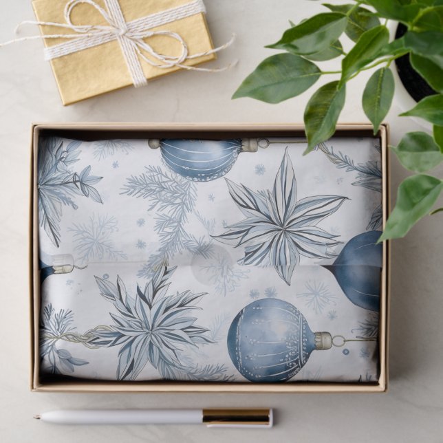 Vintage Blue Christmas Tree Ornaments Pattern Tissue Paper (Gift)