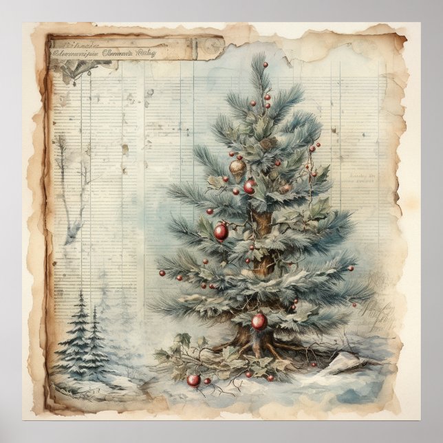 Vintage Blue Christmas Tree Poster (Front)