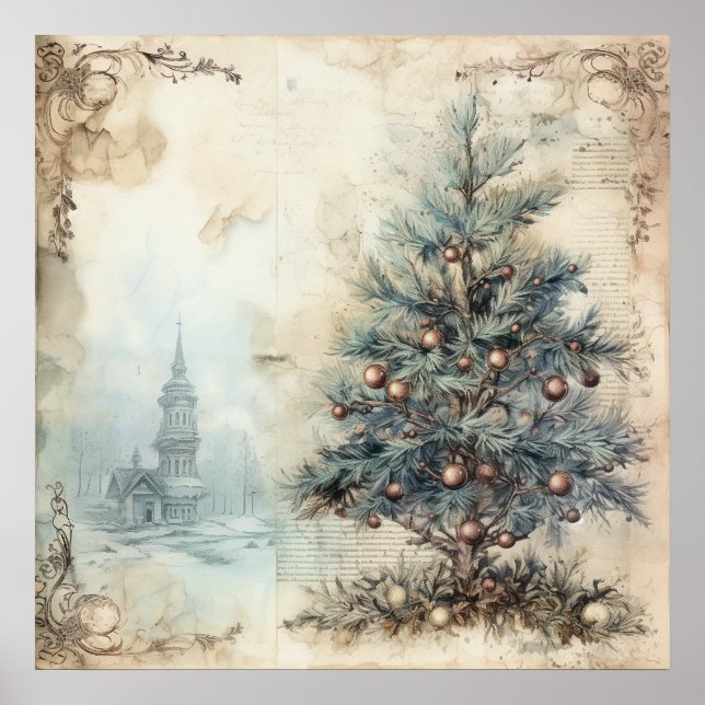 Vintage Blue Christmas Tree Poster (Front)