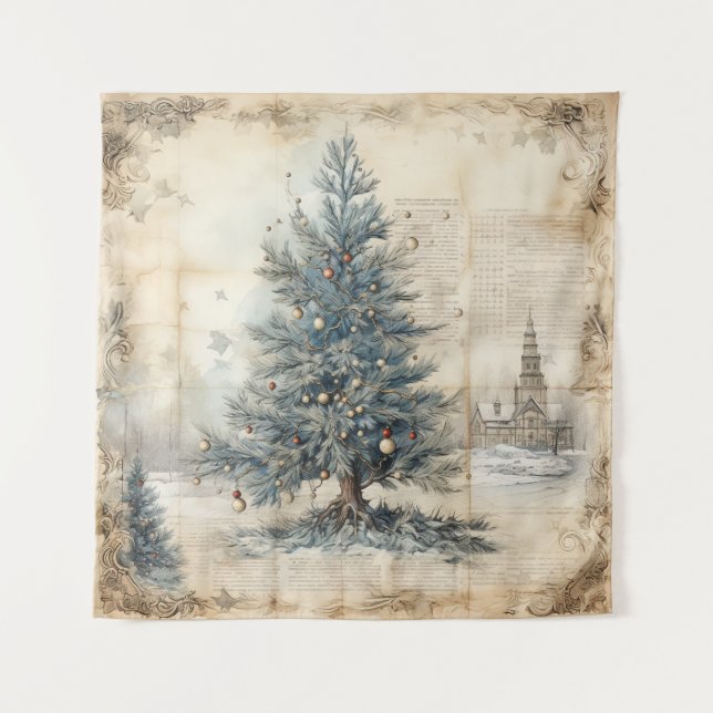 Vintage Blue Christmas Tree Tapestry (Front)