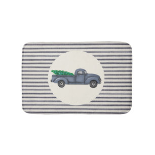 Vintage Blue Christmas Tree Truck Bath Mat