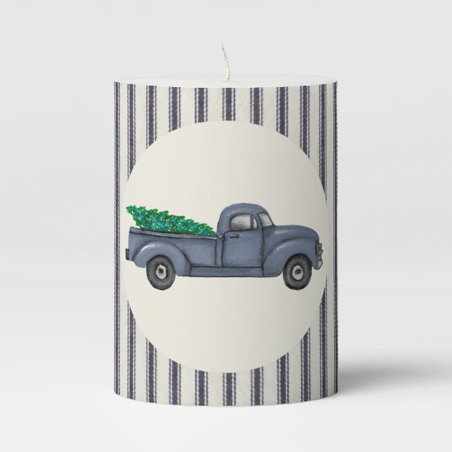 Vintage Blue Christmas Tree Truck Candle (Front)