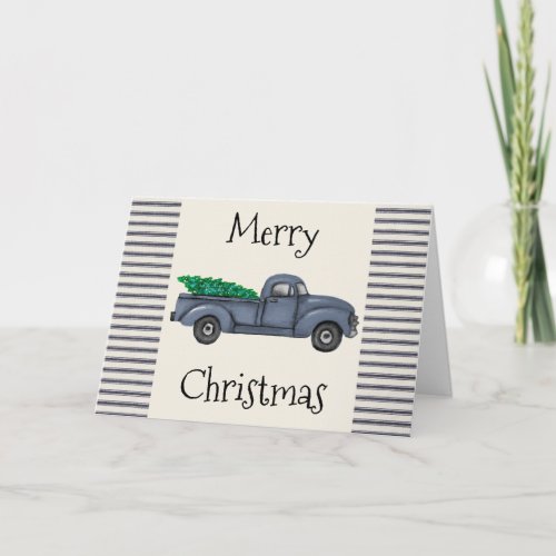 Vintage Blue Christmas Tree Truck Christmas Card