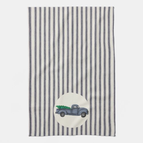 Vintage Blue Christmas Tree Truck Kitchen Towel