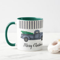 Vintage Blue Christmas Tree Truck Mug