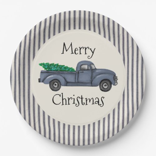 Vintage Blue Christmas Tree Truck Paper Plate