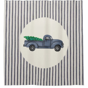 Vintage Blue Christmas Tree Truck Shower Curtain