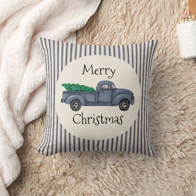 Vintage Blue Christmas Tree Truck Throw Pillow (Blanket)