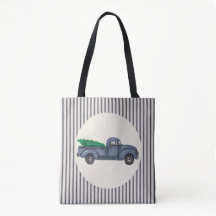 Vintage Blue Christmas Tree Truck Tote Bag
